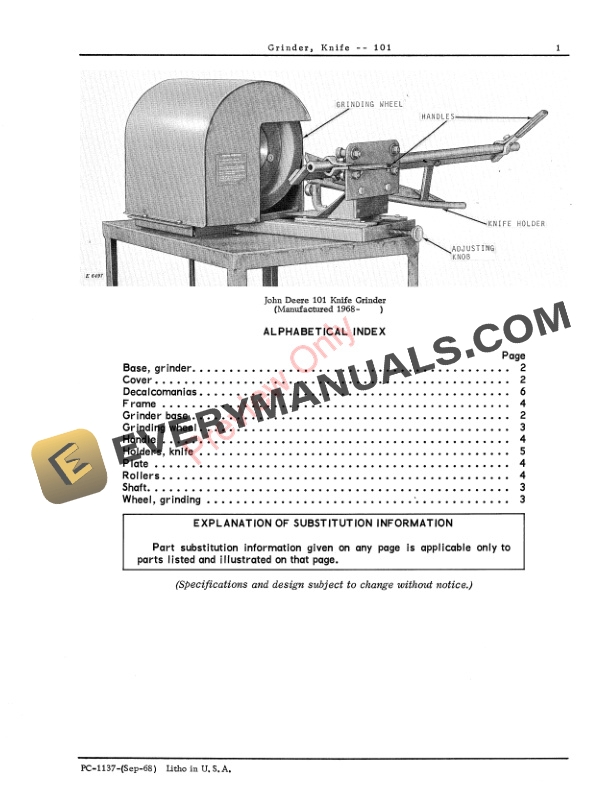 John Deere 101 Knife Grinder Parts Catalog PC1137 01SEP68 3