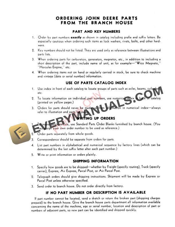 John Deere 101 One-Row Semi-Mounted Corn Picker Parts Catalog PC294 01DEC57-3