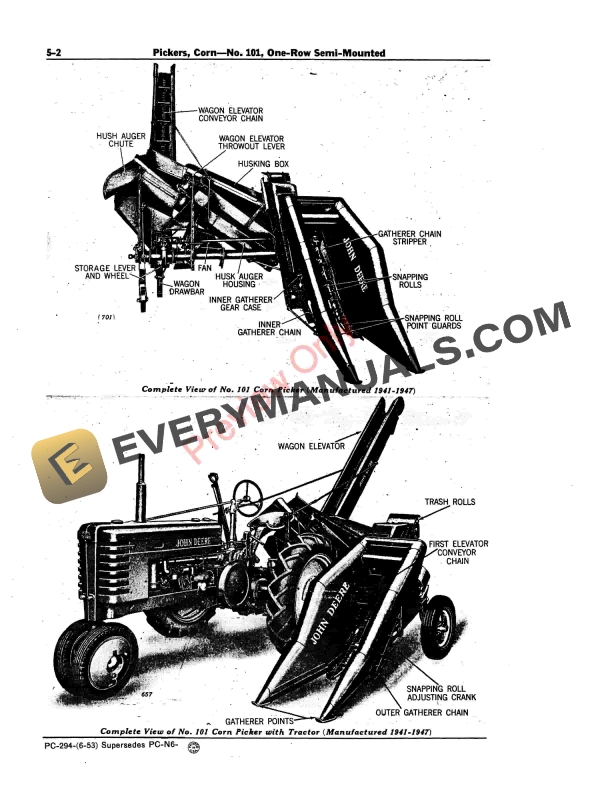 John Deere 101 One-Row Semi-Mounted Corn Picker Parts Catalog PC294 01DEC57-4