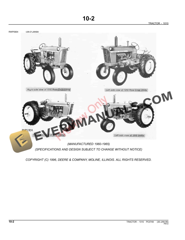 John Deere 1010 Series Tractors Parts Catalog PC0749 11MAY11 5 John Deere 1010 Series Tractors Parts Catalog PC0749 11MAY11 4