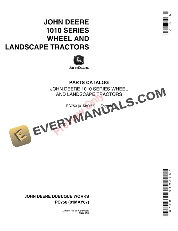 John Deere 1010 Series Wheel and Landscape Tractors Parts Catalog PC750 01MAY67-1