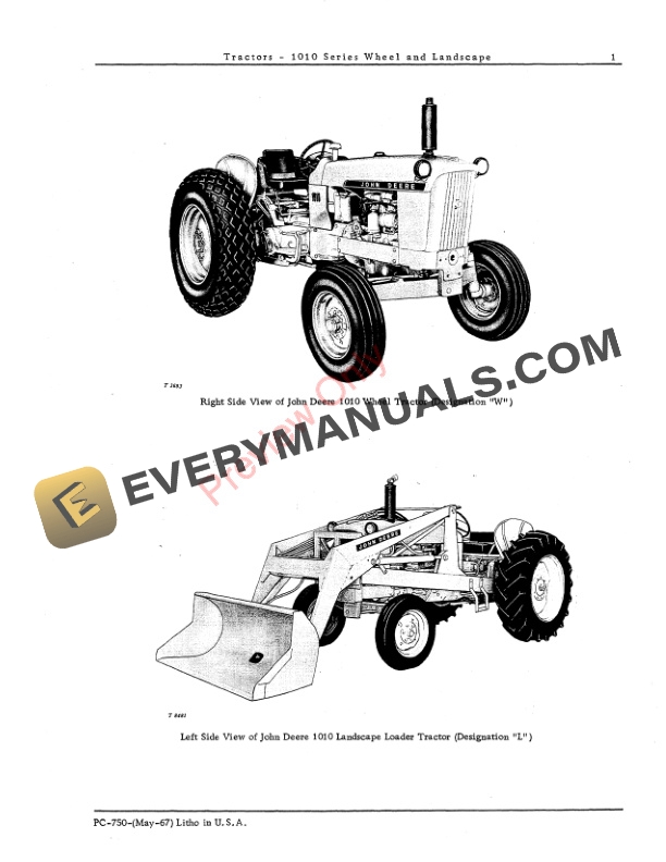 John Deere 1010 Series Wheel and Landscape Tractors Parts Catalog PC750 01MAY67-3
