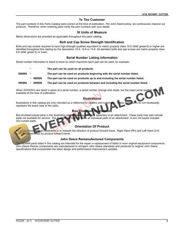 John Deere 1018 ROTARY CUTTER Parts Catalog PC2335 20SEP21 4 John Deere 1018 ROTARY CUTTER Parts Catalog PC2335 20SEP21-3