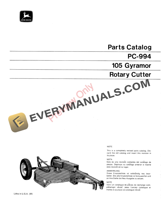 John Deere 105 Gyramor Rotary Cutter Parts Catalog PC994 01SEP70-1