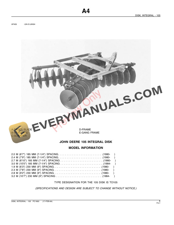 John Deere 105 Integral Disk Parts Catalog PC1802 17FEB84-3