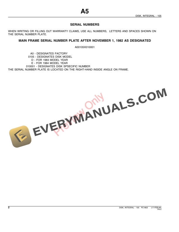 John Deere 105 Integral Disk Parts Catalog PC1802 17FEB84-4