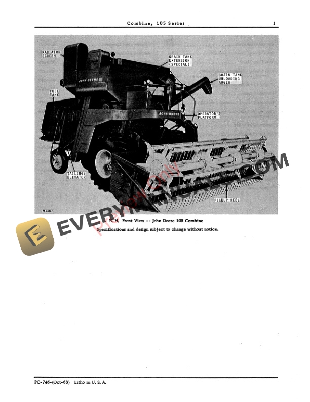 John Deere 105 Series Self-Propelled Combine Parts Catalog PC746 01FEB69-3