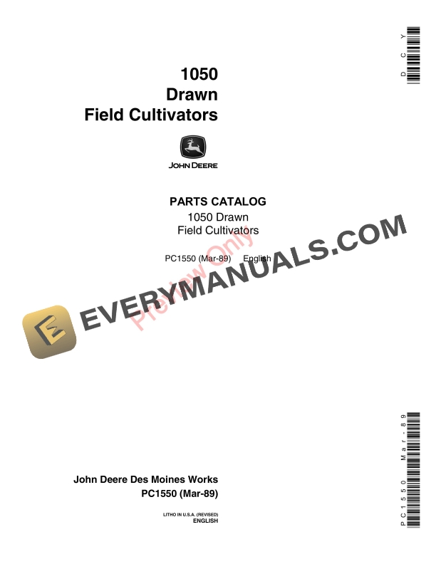 John Deere 1050 Drawn Field Cultivators Parts Catalog PC1550 01MAR89-1