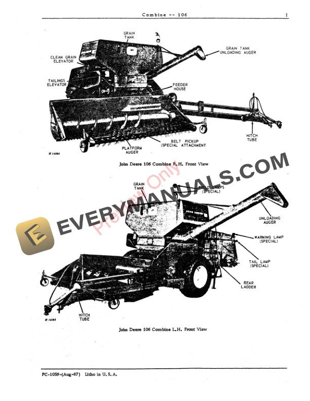 John Deere 106 Pull Type Combine Parts Catalog PC1059 01AUG67 3