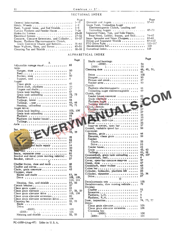 John Deere 106 Pull Type Combine Parts Catalog PC1059 01AUG67 4