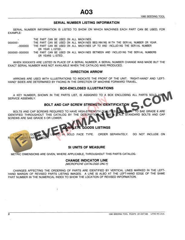 John Deere 1060 Seeding Tool Parts Catalog PC2273 01OCT92-4