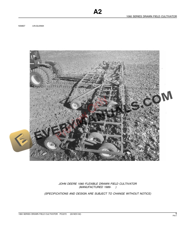 John Deere 1060 Series Field Cultivator Parts Catalog PC2272 03NOV92-3