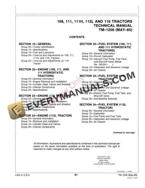 John Deere 108 111 111H 112L 116 and 116H Lawn Tractor Technical Manual TM1206 01MAY85 3