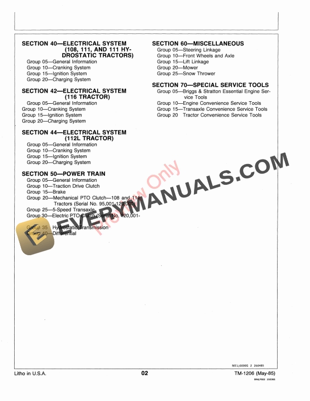 John Deere 108 111 111H 112L 116 and 116H Lawn Tractor Technical Manual TM1206 01MAY85 4