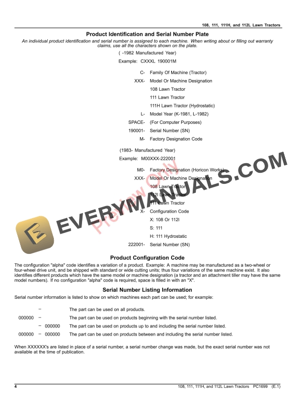 John Deere 108, 111, 111H and 112L Lawn Tractors Parts Catalog PC1699 10OCT22 5 John Deere 108, 111, 111H and 112L Lawn Tractors Parts Catalog PC1699 10OCT22-4