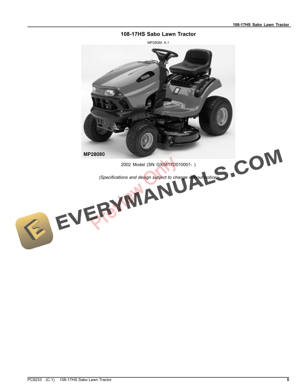 John Deere 108-17HS SABO LAWN TRACTOR Parts Catalog PC9233 08SEP23-5