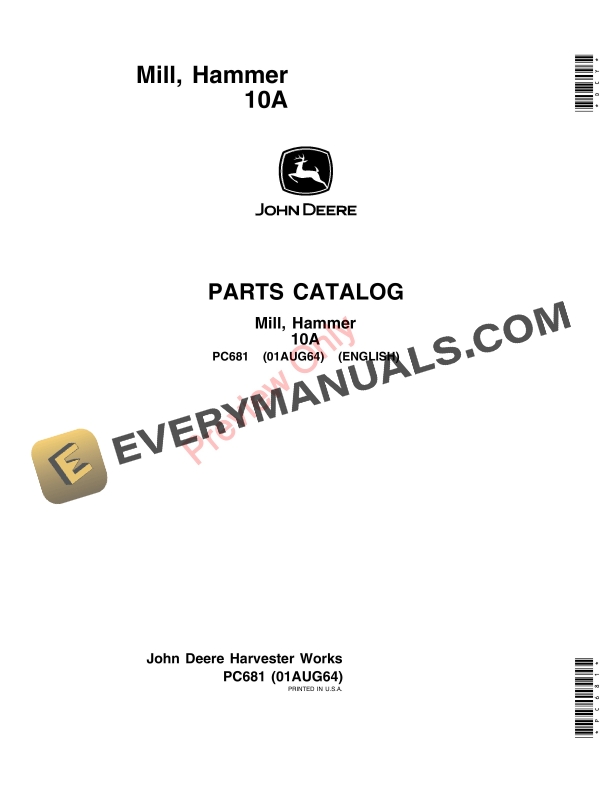 John Deere 10A Hammer Mill Parts Catalog PC681 01AUG64-1