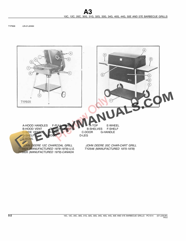 John Deere 10C, 12C, 20C, 30G, 31G, 32G, 33G, 34G, 40G, 44G, 50E, 57E Barbecue Grills Parts Catalog PC1514 09NOV84-4