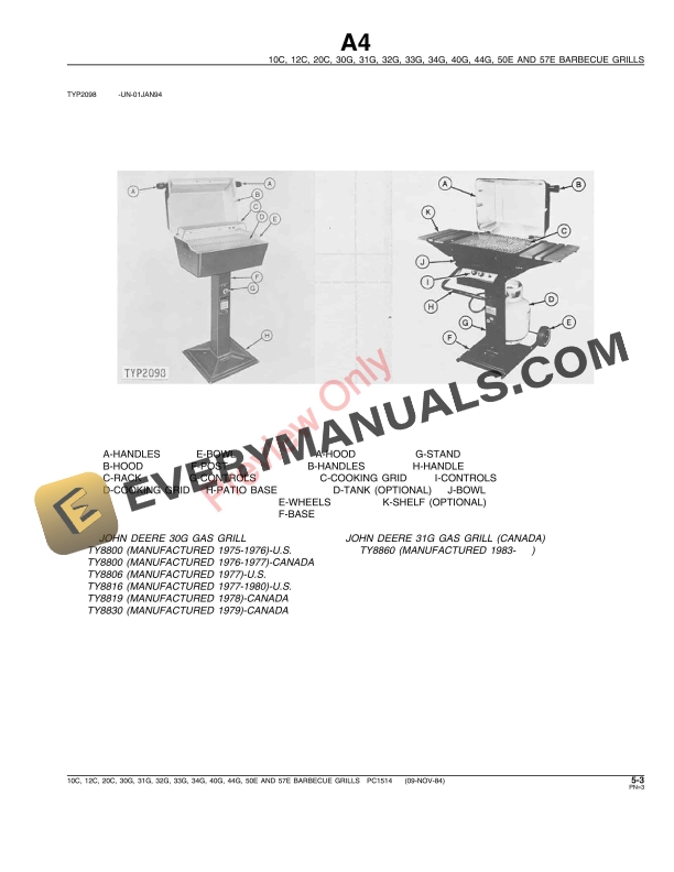 John Deere 10C, 12C, 20C, 30G, 31G, 32G, 33G, 34G, 40G, 44G, 50E, 57E Barbecue Grills Parts Catalog PC1514 09NOV84-5