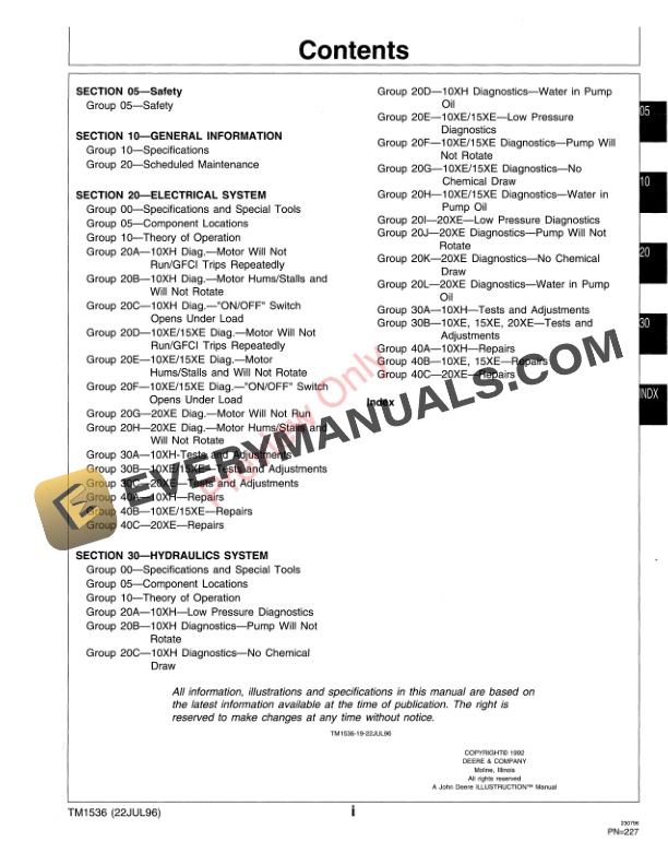 John Deere 10XE, 15XE, 20XE High Pressure Washers Technical Manual TM1536 22JUL96 4 John Deere 10XE 15XE 20XE High Pressure Washers Technical Manual TM1536 22JUL96 3