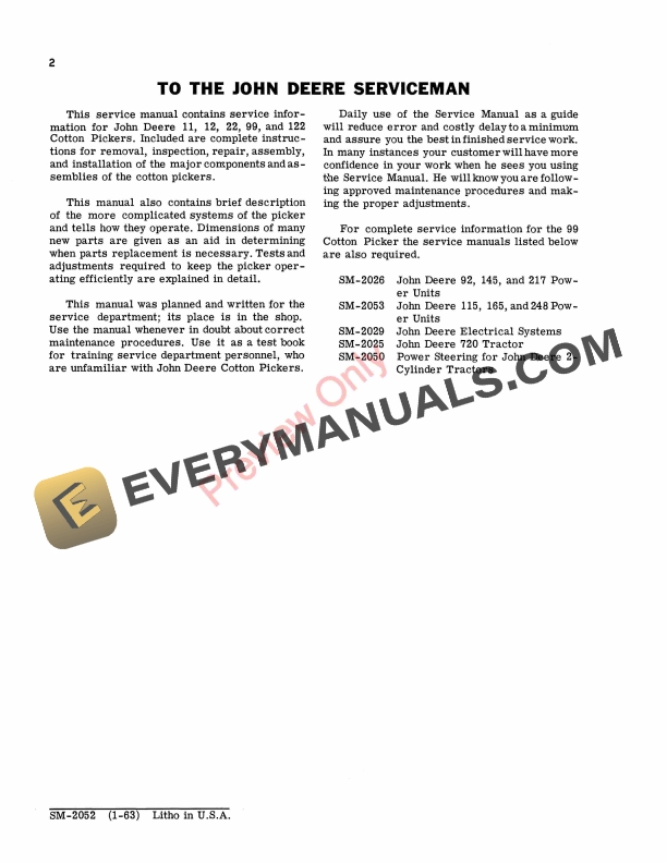 John Deere 11 12 22 99 122 Cotton Pickers Service Manual SM2052 01JUN66 4