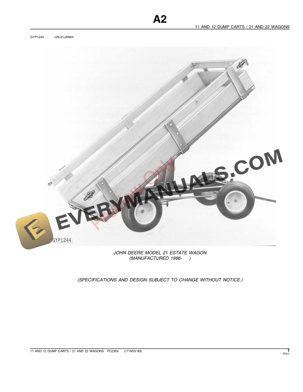 John Deere 11, 12 Dump Carts, 21, 22 Wagons Parts Catalog PC2306 01NOV89-3