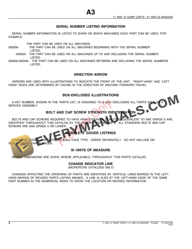 John Deere 11, 12 Dump Carts, 21, 22 Wagons Parts Catalog PC2306 01NOV89-4