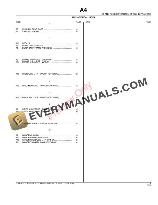 John Deere 11, 12 Dump Carts, 21, 22 Wagons Parts Catalog PC2306 01NOV89-5