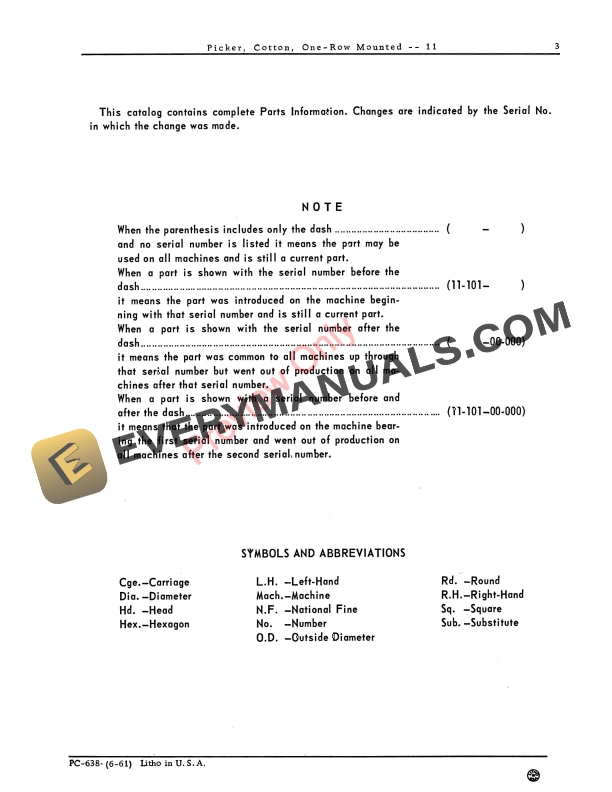 John Deere 11 Cotton Picker - One-Row Mounted Parts Catalog PC638 01JUN61 6 John Deere 11 Cotton Picker – One-Row Mounted Parts Catalog PC638 01JUN61-5