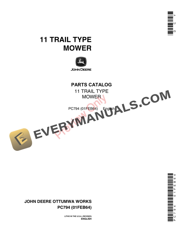 John Deere 11 Trail-Type Mower Parts Catalog PC794 01FEB64-1