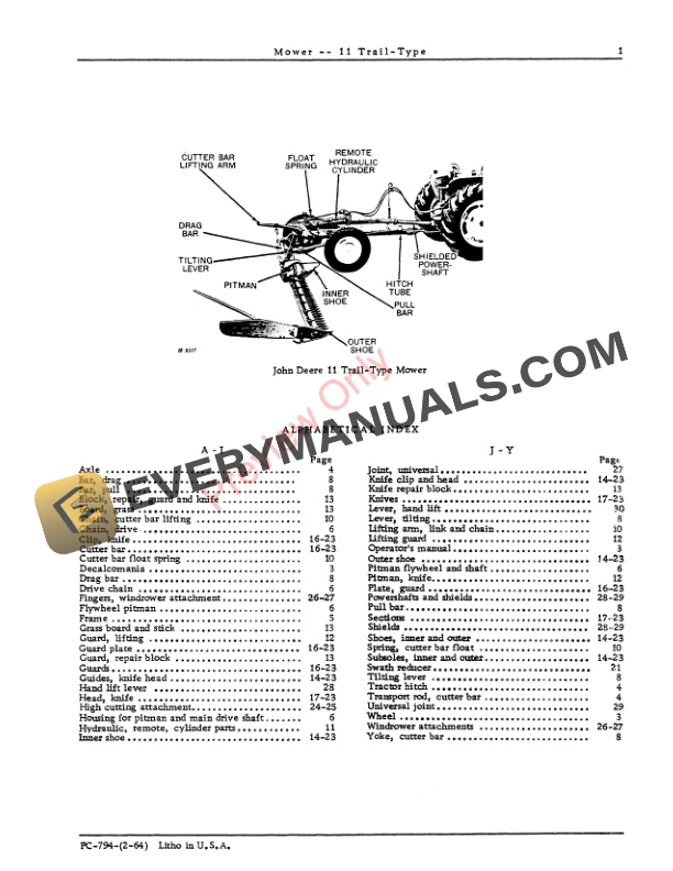 John Deere 11 Trail-Type Mower Parts Catalog PC794 01FEB64-3