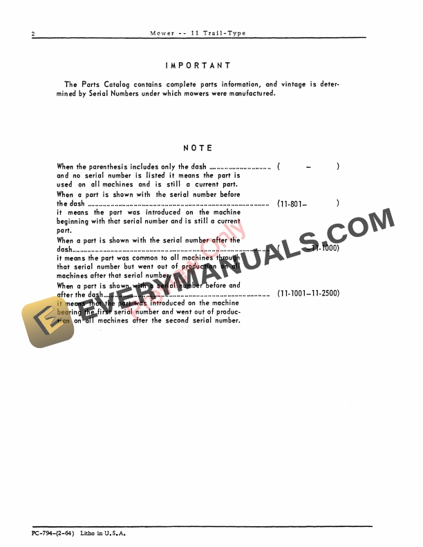 John Deere 11 Trail-Type Mower Parts Catalog PC794 01FEB64-4