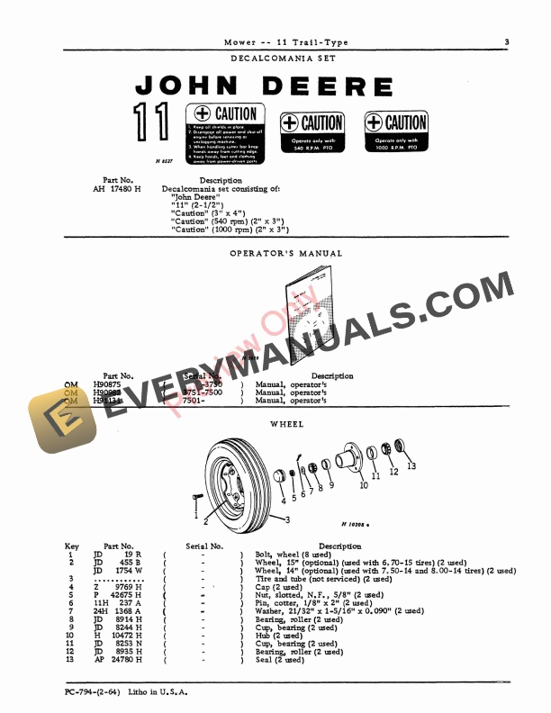 John Deere 11 Trail-Type Mower Parts Catalog PC794 01FEB64-5