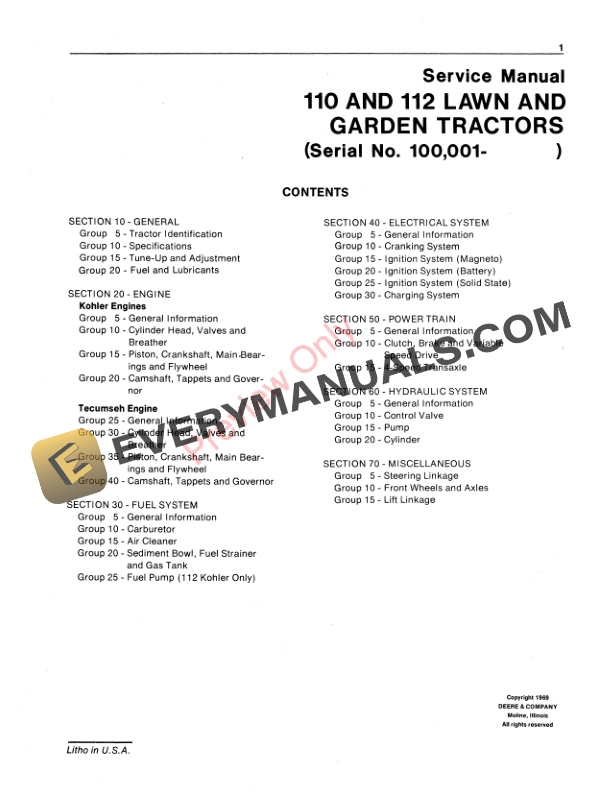 John Deere 110 110H 112 and 112H Lawn and Garden Tractor Service Manual SM2088 01NOV69 3