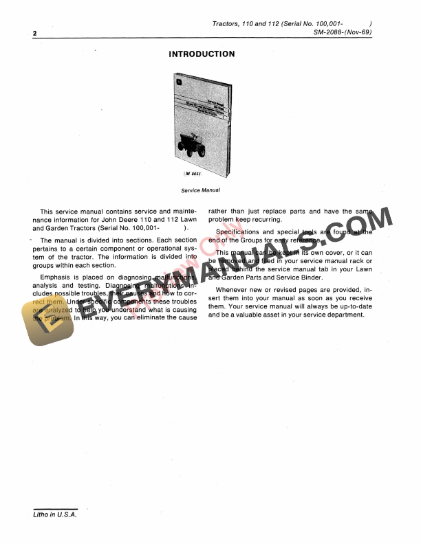 John Deere 110 110H 112 and 112H Lawn and Garden Tractor Service Manual SM2088 01NOV69 4
