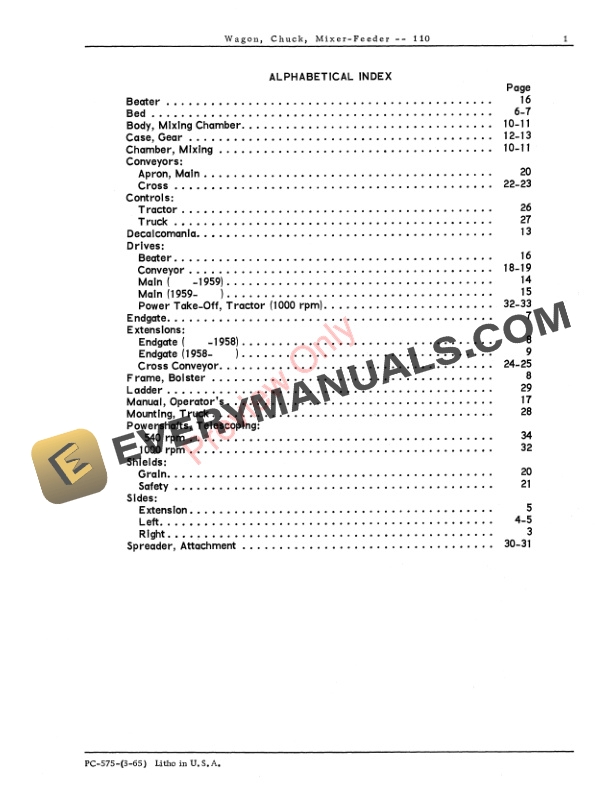 John Deere 110 Chuck Wagon, Mix-Feeder Parts Catalog PC575 01MAR65-3
