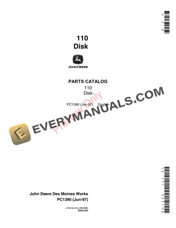 John Deere 110 Disk Parts Catalog PC1390 05JUN97-1