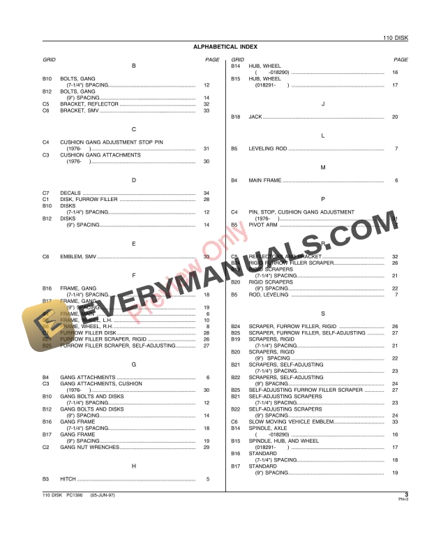 John Deere 110 Disk Parts Catalog PC1390 05JUN97-5