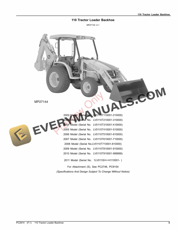 John Deere 110 Tractor Loader Backhoe Parts Catalog PC2914 09OCT23-5