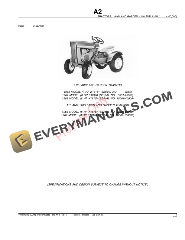 John Deere 110 and 110H Lawn and Garden Tractors Parts Catalog PC855 30OCT92 4 John Deere 110 and 110H Lawn and Garden Tractors Parts Catalog PC855 30OCT92-3