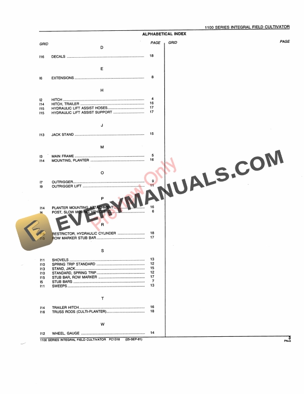 John Deere 1100 Series Integral Field Cultivator Parts Catalog PC1318 25SEP81-5