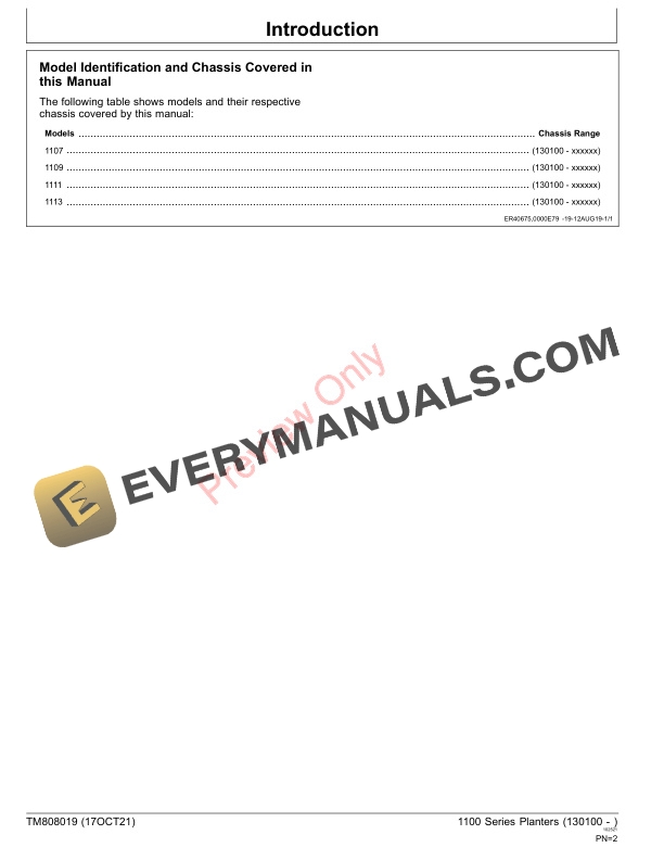 John Deere 1100 Series Planters 130100 Repair Technical Manual TM808019 17OCT21 2