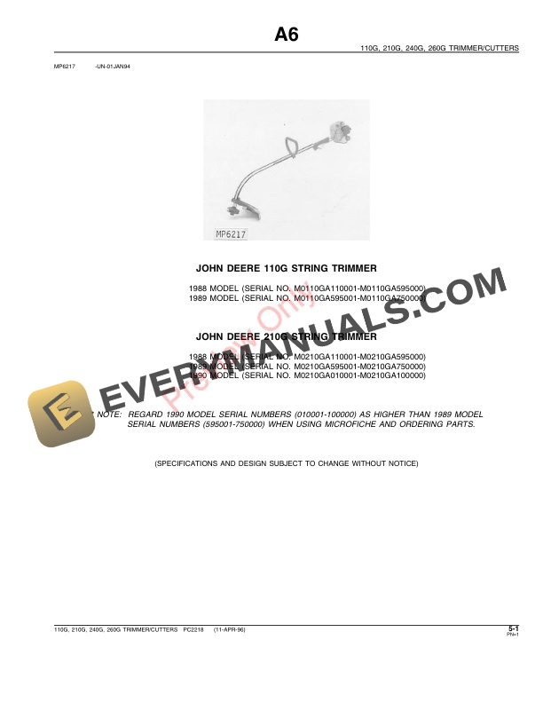 John Deere 110G, 210G, 240G, 260G Trimmers Parts Catalog PC2218 11APR96-3