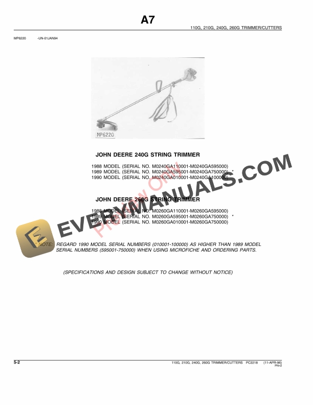 John Deere 110G, 210G, 240G, 260G Trimmers Parts Catalog PC2218 11APR96-4