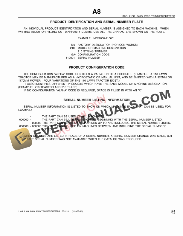 John Deere 110G, 210G, 240G, 260G Trimmers Parts Catalog PC2218 11APR96-5