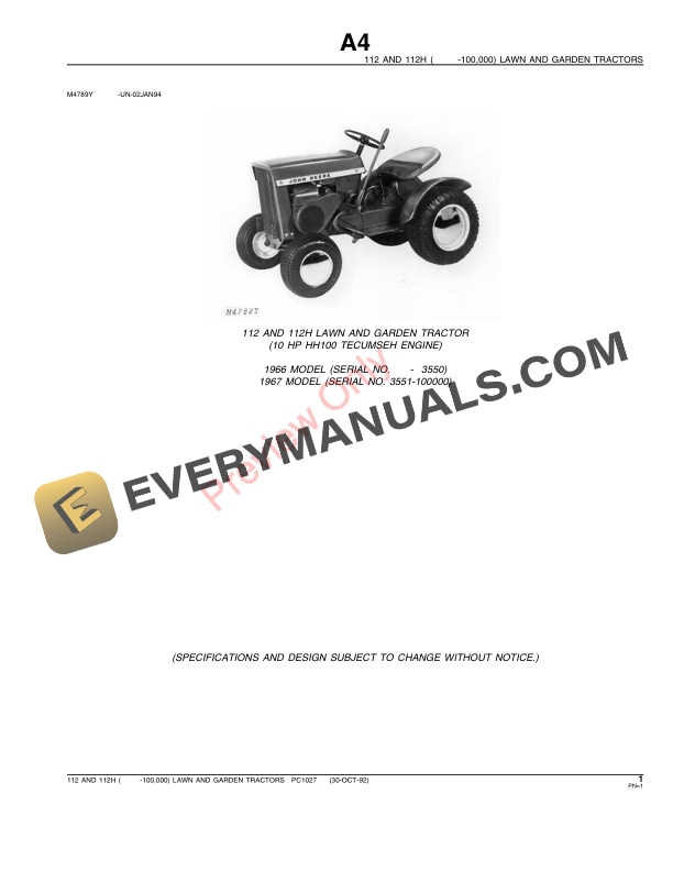 John Deere 112 112H 100000 Lawn and Garden Tractors Parts Catalog PC1027 30OCT92 3