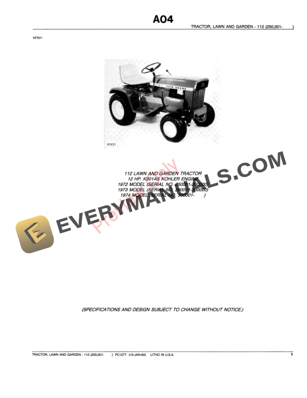 John Deere 112 Lawn and Garden Tractor Parts Catalog PC1277 27JAN93-3