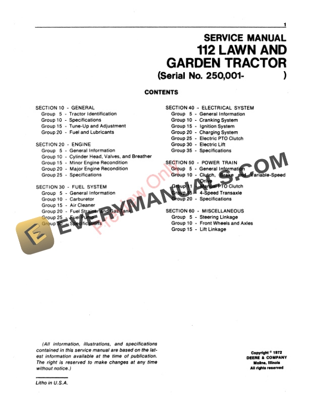 John Deere 112 Lawn and Garden Tractor Service Manual SM2096 01SEP73 4 John Deere 112 Lawn and Garden Tractor Service Manual SM2096 01SEP73 3