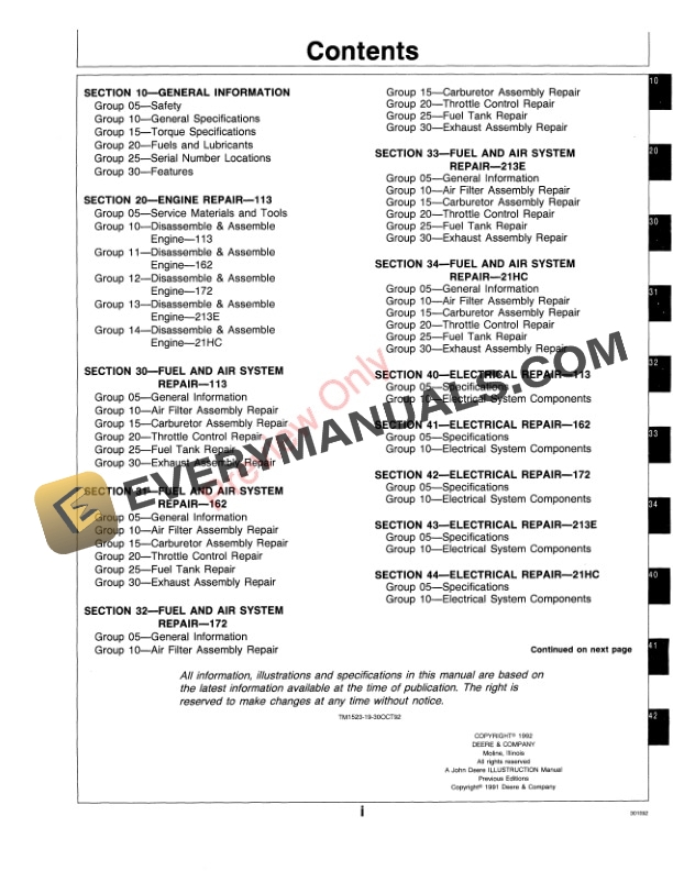 John Deere 113 162 172 213E Edger Trimmer Technical Manual TM1523 01OCT92 3