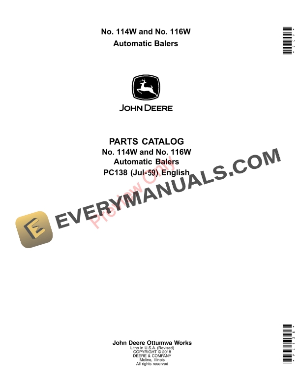 John Deere 114W and 116W Automatic Pick-Up Balers Parts Catalog PC138 01JUL59 1 John Deere 114W and 116W Automatic Pick-Up Balers Parts Catalog PC138 01JUL59-1